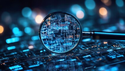 Poster - Magnifying glass over a keyboard with circuit board design and blue bokeh background.