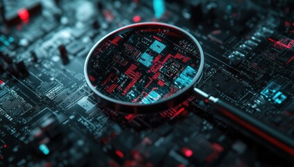 Poster - Magnifying glass over a computer circuit board showing details in a dark setting.