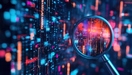 Poster - Magnifying glass over abstract digital data with blue and red light effects.