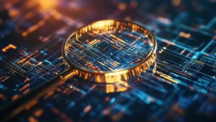 Poster - Magnifying glass over a circuit board with blue and orange glowing lights.