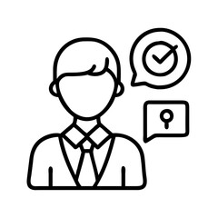 Poster - Man employee worker with check mark approval and query search icon in speech bubble outline art