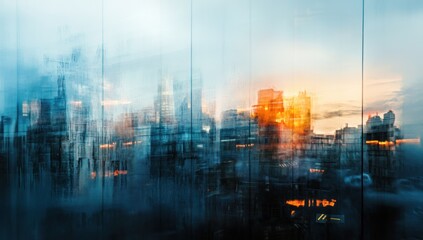 Poster - Abstract cityscape with blue and orange hues creating a blurred urban scene.