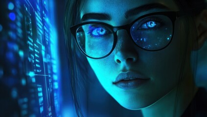 Poster - Woman with glasses looking at a screen displaying digital code in blue light.