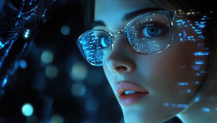 Poster - Woman wearing glasses with digital display reflecting in lenses dark futuristic background.