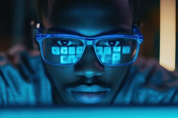 Poster - A person with glasses reflects a screen displaying text possibly related to gaming.