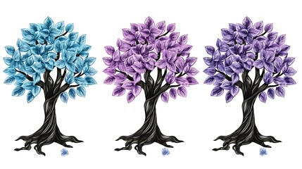 three stylized trees with blue, purple, and lilac leaves, dark trunks, and roots