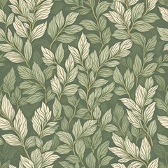 Poster - Seamless pattern with elegant green leaves. Nature background, textured design for wallpaper, wrapping paper, textile. Perfect for eco, organic, vintage decor. Leaf, branch, foliage illustration.