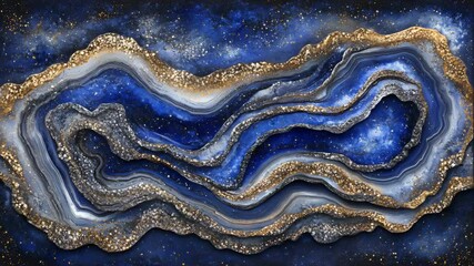 Fototapete - Vibrant blue and gold abstract art with fluid shapes and rich textures creating a dynamic and eye-catching visual experience for art lovers