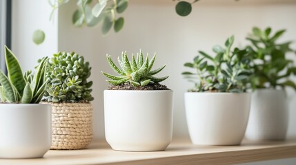 Poster - succulents arranged in decorative pots on a wooden shelf by a window in bright natural light