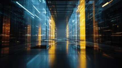 Poster - Advanced data center corridor with glowing blue and yellow columns and reflective flooring, ideal for AI, cybersecurity, cloud systems, and futuristic digital infrastructure concepts
