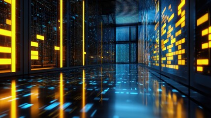 Cutting-edge data center hallway with glowing yellow and blue digital panels and a reflective floor, ideal for AI, cloud computing, cybersecurity, and futuristic tech visuals