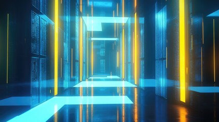 Poster - Futuristic abstract data center corridor glowing with blue and yellow lights, ideal for AI, cybersecurity, cloud technology, and advanced digital infrastructure visuals