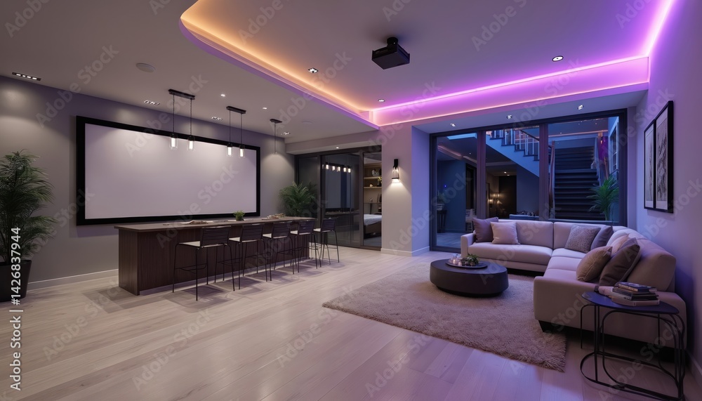 Modern finished basement with home cinema area, bar. Stylish interior ...