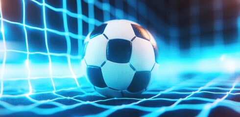 Fototapete - Soccer Ball in Glowing Blue Net Dynamic Sports Image