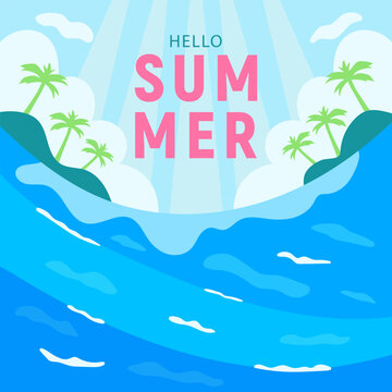 Hello summer. Bright summer banner with sea, waves and palm trees.