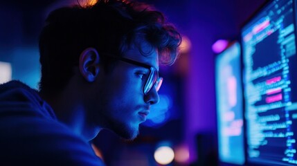 Man with Glasses Looking at Computer Screen