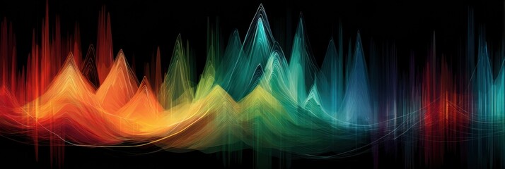 Fototapete - Rainbow Pulse Waveform Flowing Through Vibrant Mountain Peaks at Dusk