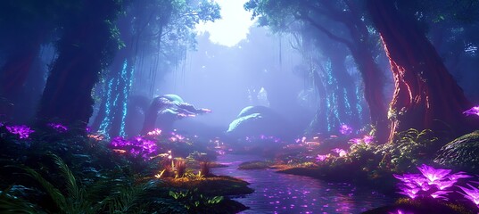 Poster - A futuristic holographic biome where AI recreates extinct ecosystems in neon