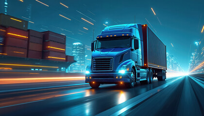 Aufkleber - Logistic network with container cargo ship truck transport. Industrial cargo freight for shipping. Business logistic import export with generative ai. Worldwide delivery and transportation.