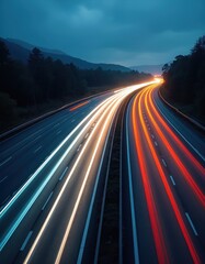 Poster - Long exposure shot of a freeway at night. Streaks of light from moving vehicles create dynamic motion. Road traffic, transportation concept. Expressway fast cars move, urban lifestyle.