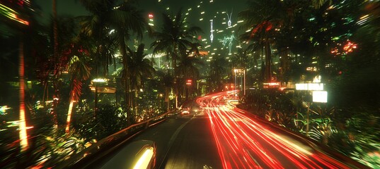 Poster - a futuristic jungle where holographic fireflies create neon trails in the night
