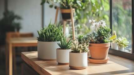 Poster - indoor plant arrangement on a wooden table in a cozy space with natural light streaming through the 