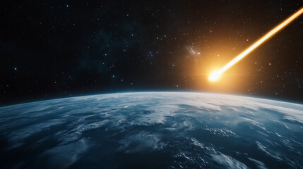 Wall Mural - A vibrant meteor streaks through space toward Earth, illuminating the dark cosmos with its fiery trail.