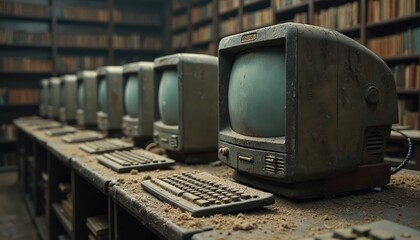 Illustration shows row of dusty vintage computers in abandoned library with bookshelves. Retro tech, obsolete monitors, keyboards covered with dust. Nostalgic scene of digital history, old tech used