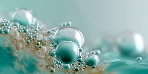 Poster - close-up of glistening turquoise bubbles forming on a liquid surface with soft focus and dreamy ligh