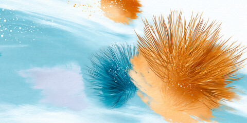 Poster - abstract watercolor composition with dynamic brush strokes and textured spiky forms in blue and oran