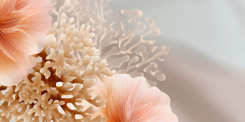 Poster - abstract close-up of soft coral-like structures and translucent floral elements in beige and peach t