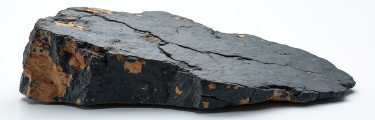 Aufkleber - Slate rock sample on white background. Gray, black colors. Metamorphic rock layered structure. Geology study for stone textures, earth sciences. Mineral sample for education purposes.