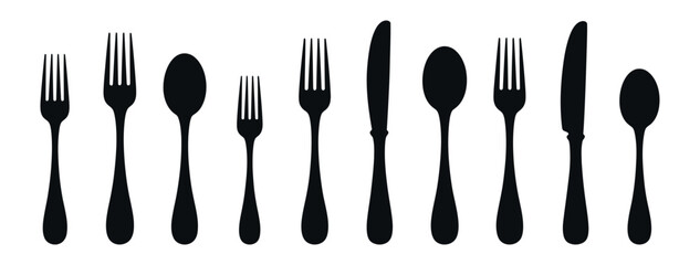 Poster - Black Silhouette Of Cutlery Set Isolated On White Background Featuring Spoons Forks And Knives For Dining