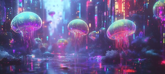 Poster - A futuristic ocean filled with holographic jellyfish glowing in neon hues