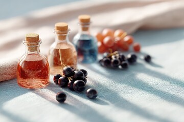 Poster - Small glass bottles filled with colorful liquids placed beside fresh berries on a light fabric background