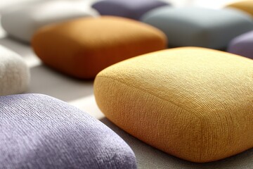 Poster - Colorful decorative cushions arranged on a stylish surface in a bright interior during daylight