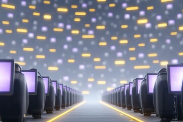Poster - Technological assembly of computer terminals in a futuristic setting with illuminating lights and signs