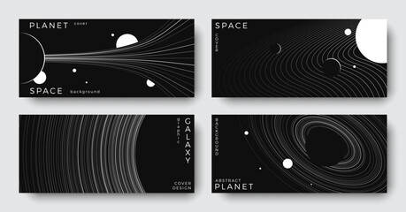 Wall Mural - set of abstract space astronomy horizontal backgrounds. linear galaxy, planet, black hole. black and