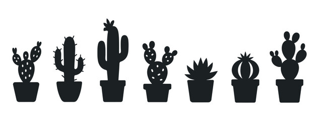 Poster - Various Potted Cactus And Succulent Plants In Black Silhouette Simple Vector Illustration On White Background