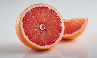 Poster - Fresh grapefruit cut in half on a white surface, perfect for food styling or still life photography