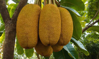 Poster - A cluster of ripe jackfruits hangs from a tree branch, ready to be harvested