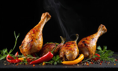 Poster - A group of roasted chickens sit on a wooden cutting board, ready for serving