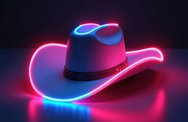 Fototapete - Cowboy hat illuminated with neon lights. Futuristic fashion art, digital illustration. Retro style headwear for design, decoration, posters, prints. Graphic design, 3D render with pink, blue neon