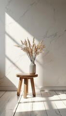 Fototapete - Minimalist rustic wooden stool vase dried flowers. Cozy marble textured interior with window light creating shadows. Home decor, simple modern design, tranquil peaceful atmosphere.