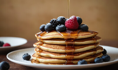 Poster - A stack of fluffy pancakes topped with sweet syrup and juicy berries