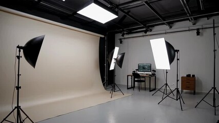 Poster - Simple Photography Studio Setup with Backdrop and Lighting Equipment