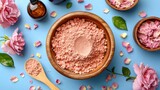 Clay mask being mixed with rose water in wooden bowl, powder swirls visible