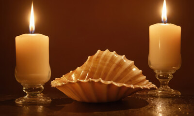Aufkleber - Candlelit table with shells and candles, suitable for coastal or beach-themed settings