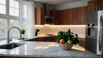 Poster - Serene Modern Kitchen with Minimalist Design and Natural Elements