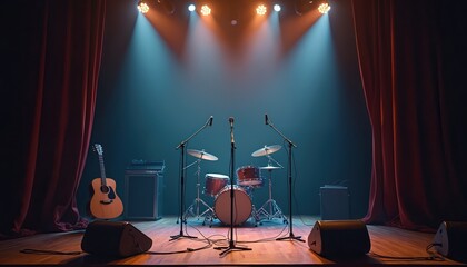 Aufkleber - Empty stage scene with music instruments, microphones, spotlights. Illustration shows instruments drums, guitar, amplifiers. Night club, concert venue, party. Ready for show. Generative AI art.